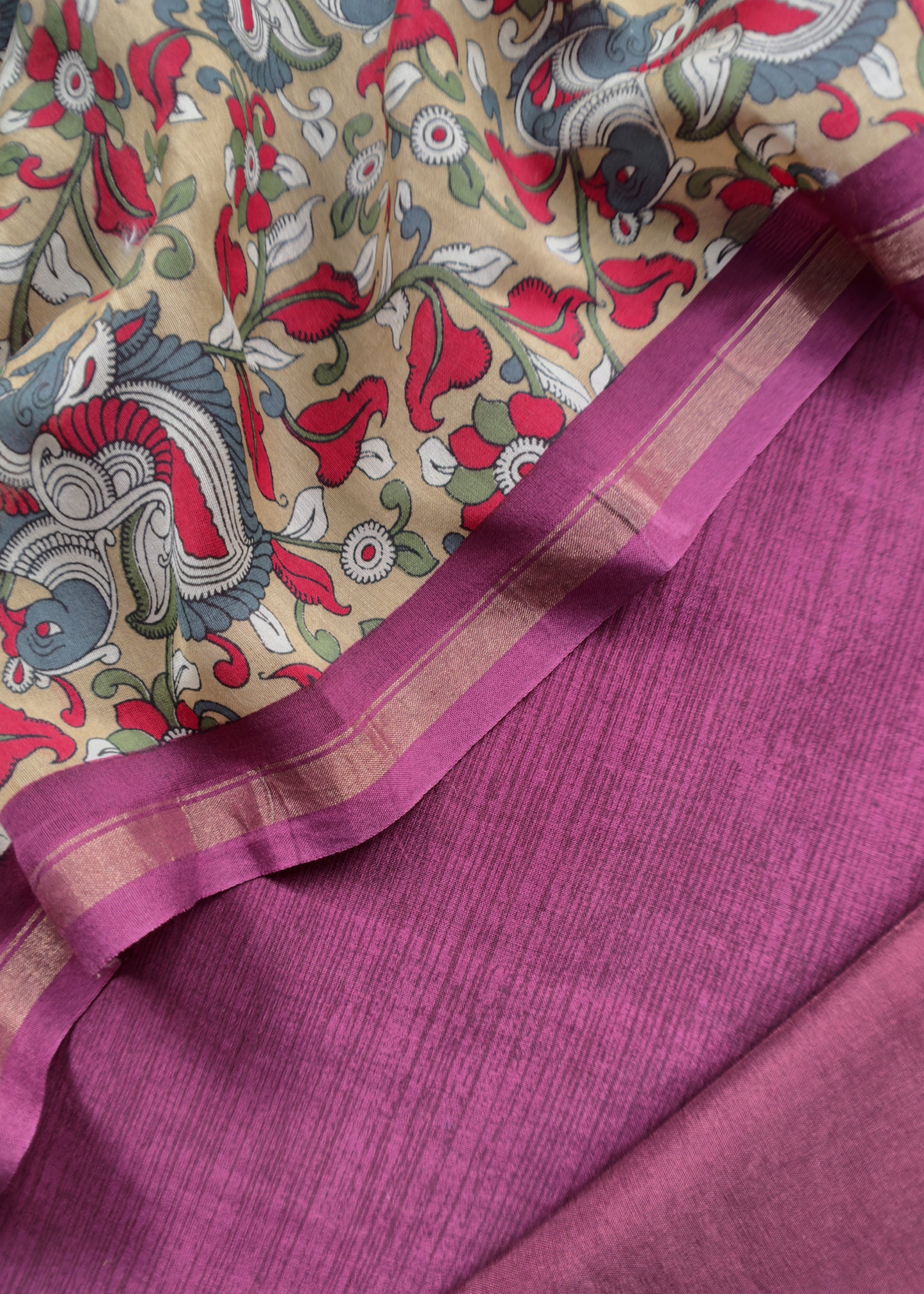 Wine Handloom Maheshwari Silk Unstitched Suit With Kalamkari Dupatta