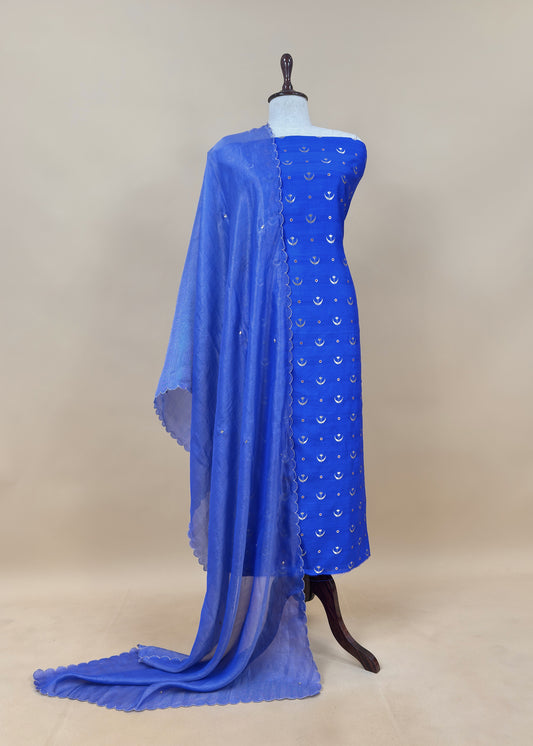 Blue Chaandbaali Pure Satin Silk Kurta And Tissue Silk Dupatta With Handwork