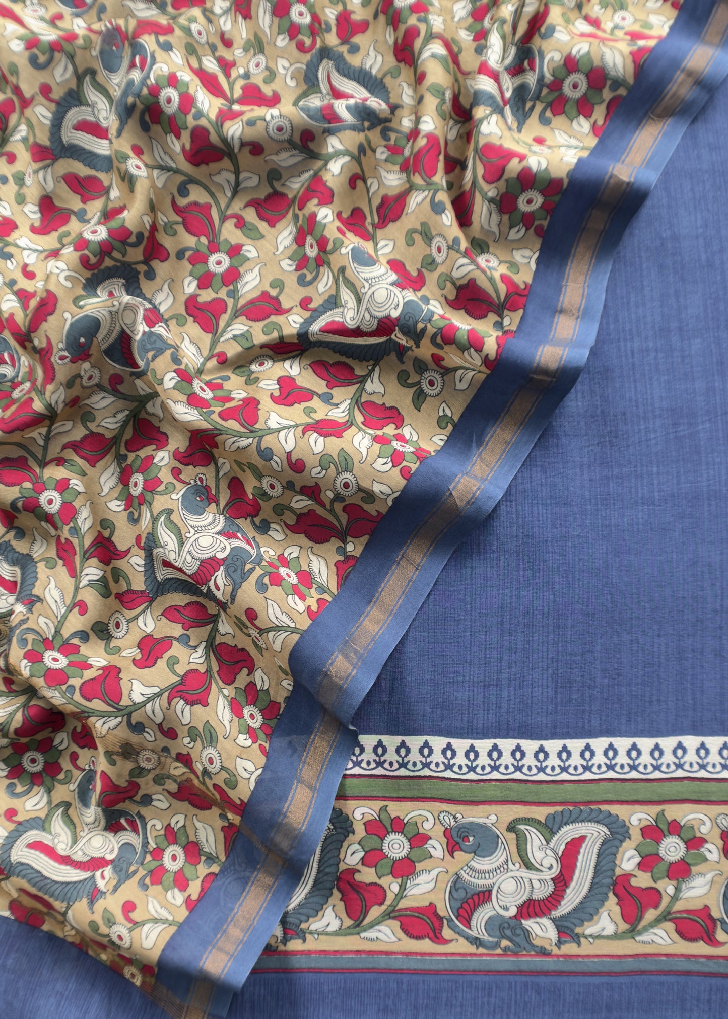 Blue Handloom Maheshwari Silk Unstitched Suit with Kalamkari Dupatta