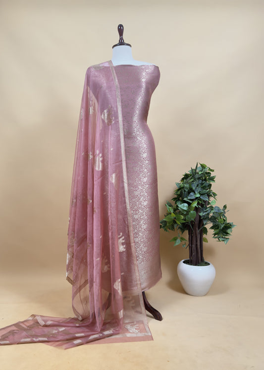 Thulian Pink Brocade Kurta With Organza Dupatta