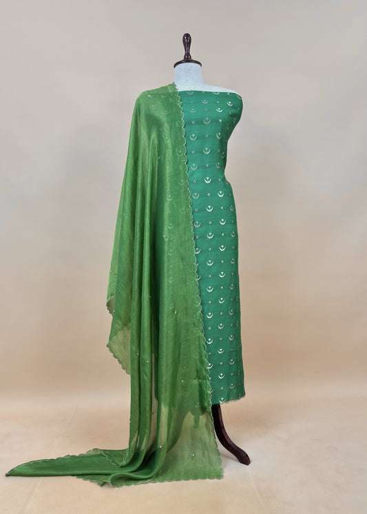 Green Chaandbaali Pure Satin Silk Kurta and Tissue Silk Dupatta with Handwork