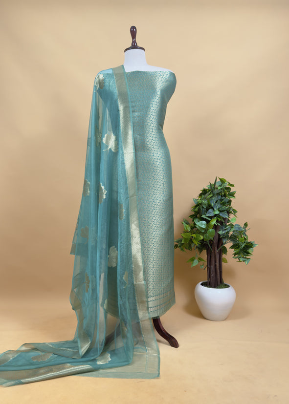Gray Banarasi Silk Brocade Suit With Organza Dupatta