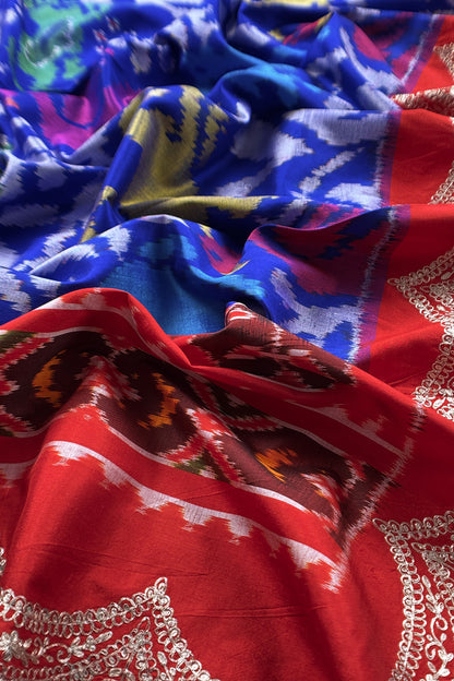 Royal Blue Handloom Silk Suit With ekkat Print Dupatta