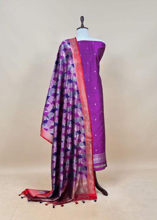 Violet Luxe Sangria Pink Pure Banarasi  Katan Silk Suit with Tanchoi weaving