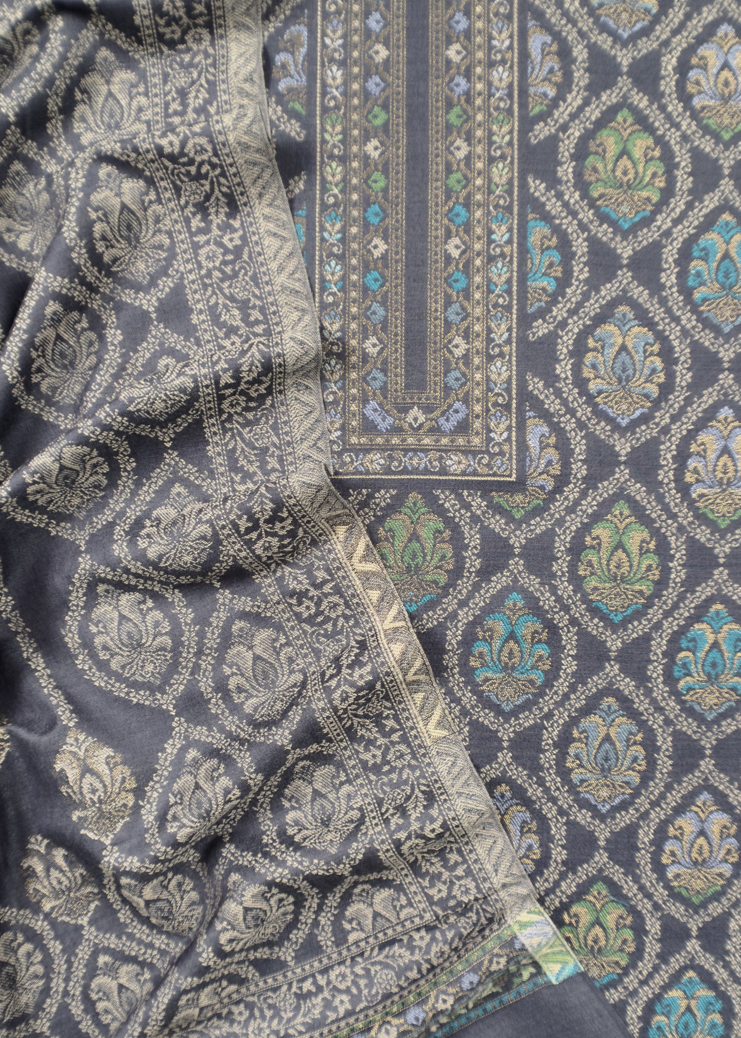 Blue Pashmina with Kani zari Unstitched Suit