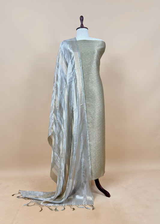 Light Green Designer Pure Brocade Silk kurta And Tissue Silk Dupatta