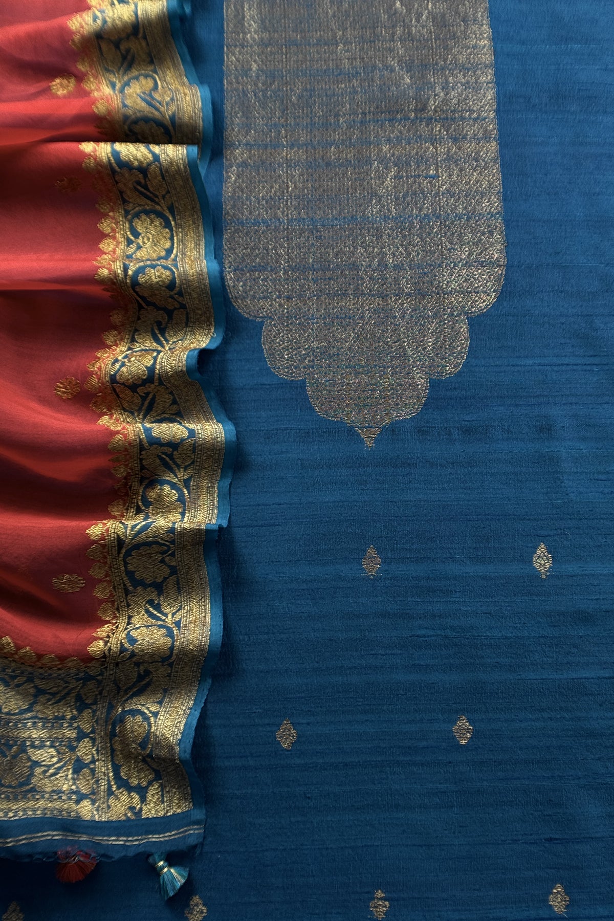 Teal Blue Handloom Raw Silk Suit With Kora Silk Dupatta