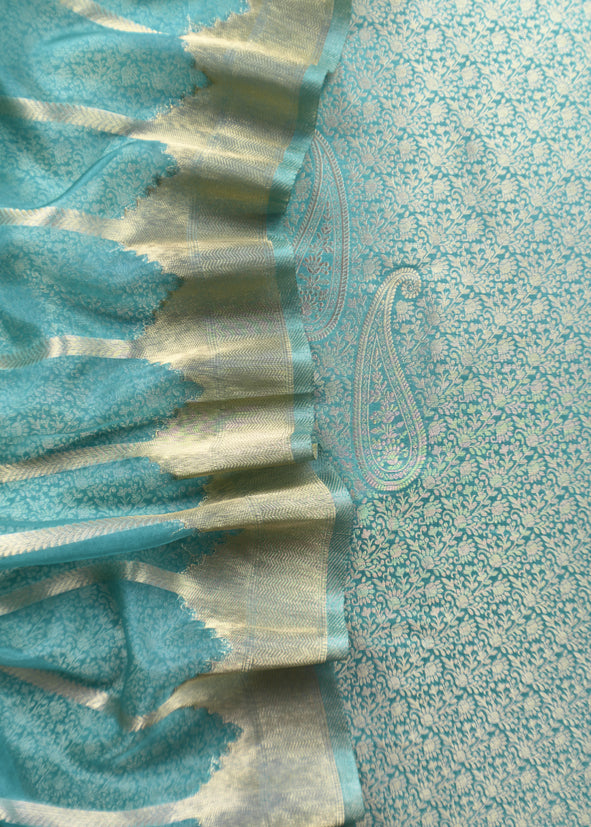 Firozi Brocade Kurta With Organza Dupatta
