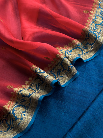 Teal Blue Handloom Raw Silk Suit With Kora Silk Dupatta