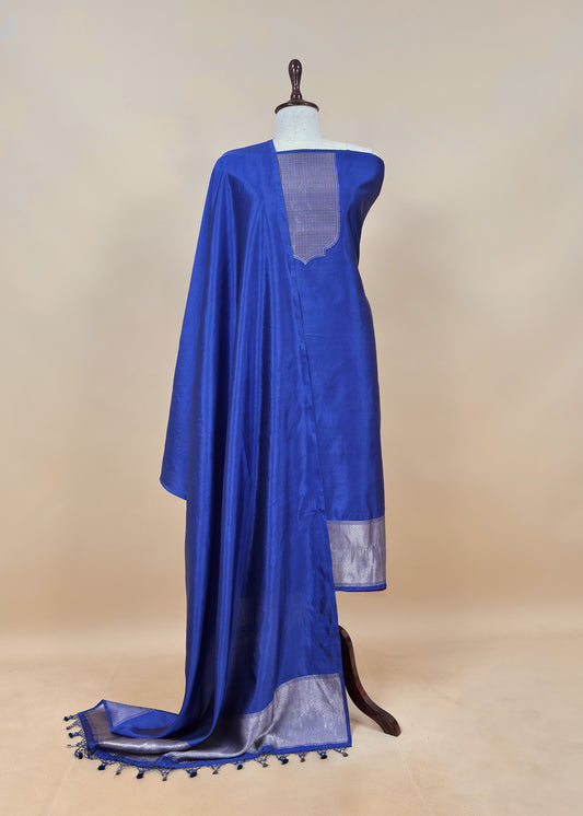 Sapphire Blue Handloom Katan Silk Suit Fabric With Kadwa Weaving