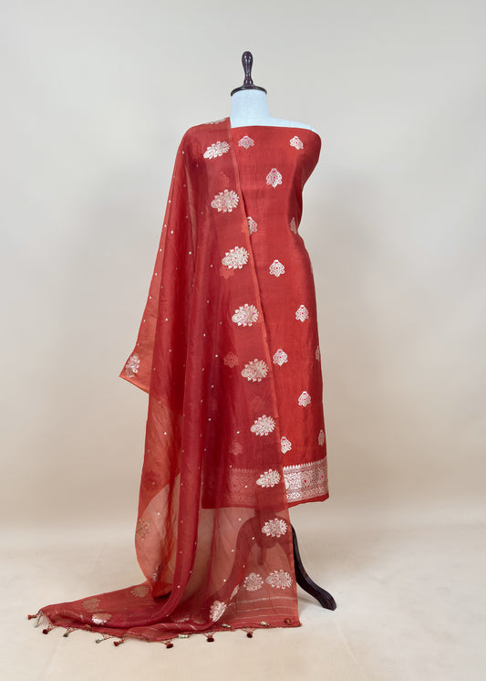Rust Handloom Kadwa Weaving Silk Suit With Kora Silk Dupatta