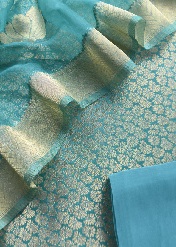 Sky Blue  Banarasi Silk Brocade Suit With Organza Dupatta