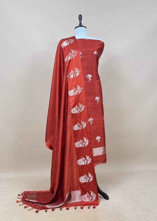 Rust Handwoven Unstitched Silk Suit With Zari Weaving