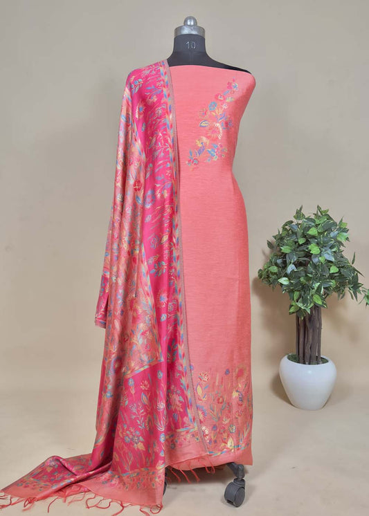 Unstitched Orange Kani Zari Cotton Silk Suit
