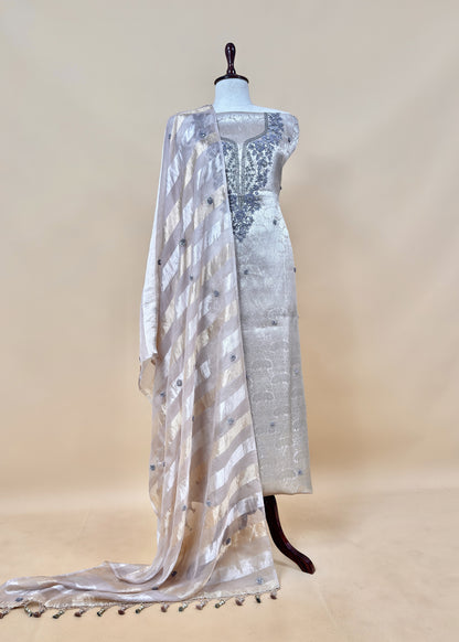 Pastel Pink Varanasi Brocade Silk Kurta And Double Panel Tissue Dupatta With Handwork