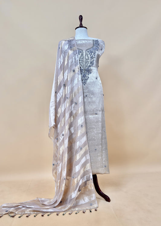 Pastel Pink Varanasi Brocade Silk Kurta And Double Panel Tissue Dupatta With Handwork