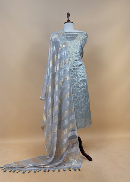 Light Grey Varanasi Brocade Silk Kurta And Double Panel Tissue Dupatta With Handwork