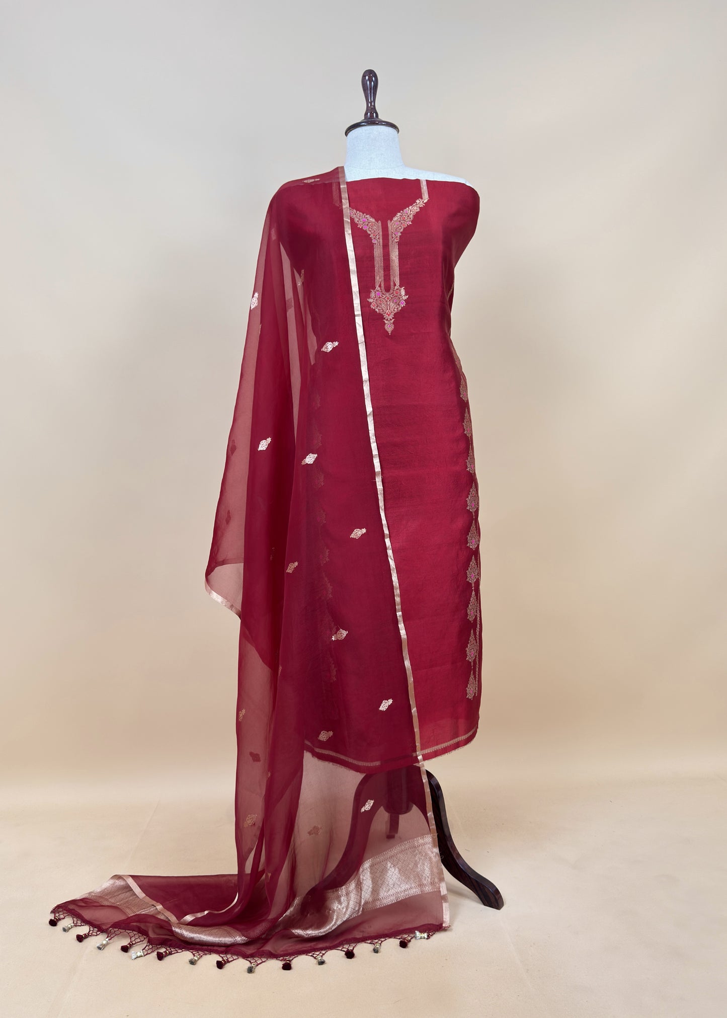 Crimson Red Handloom Silk Kurta and Kora Silk Dupatta with Kadwa weaving