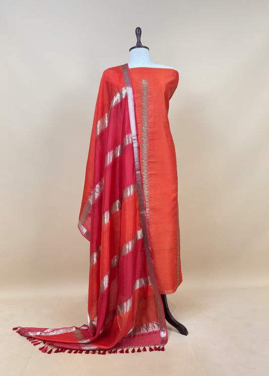 Orange Kalasheel Luxe Deep Orange Chiniya Silk With Gold Ikkat Weave