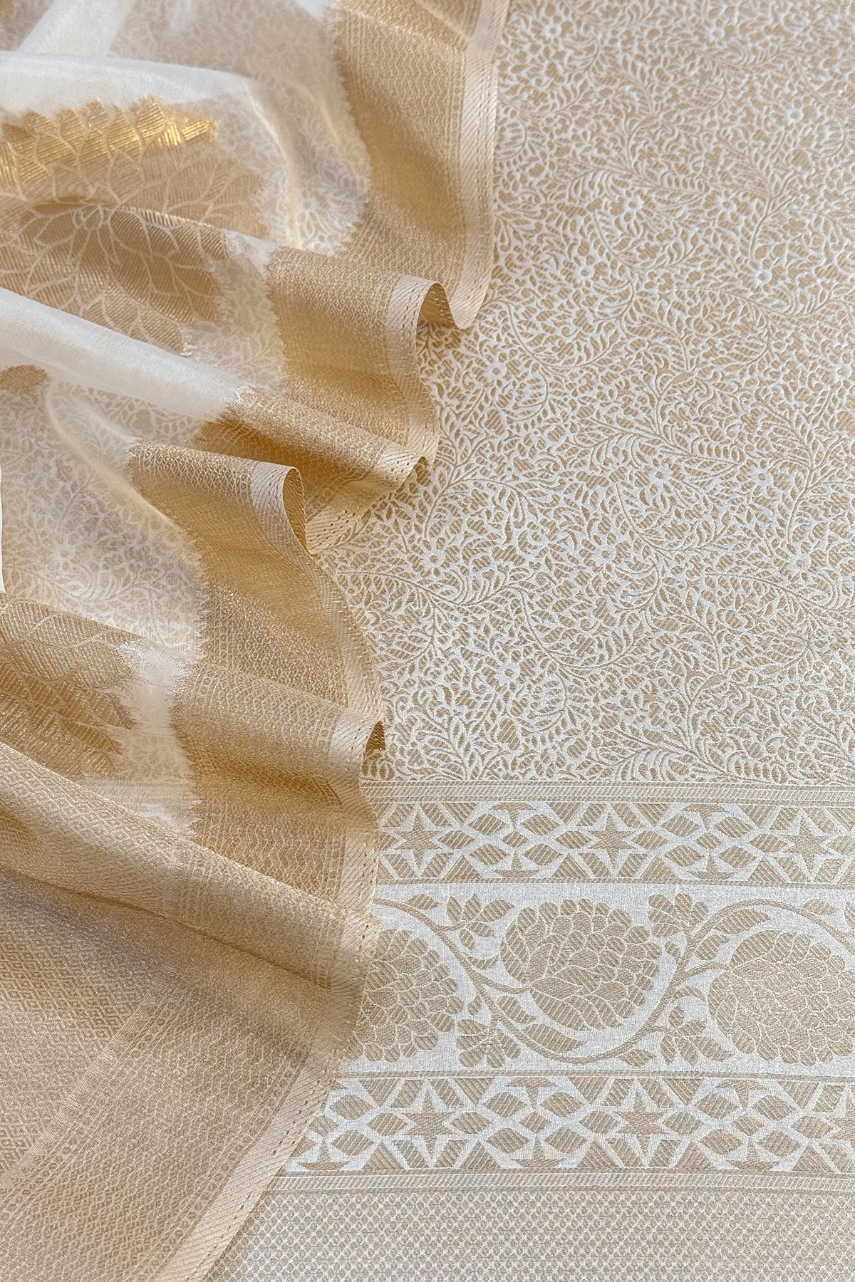 White Designer Pure Brocade Silk Kurta And Organza Dupatta