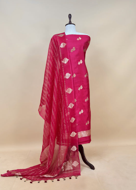 Pink Handloom Kadwa Weaving Silk Suit With Kora Silk Dupatta