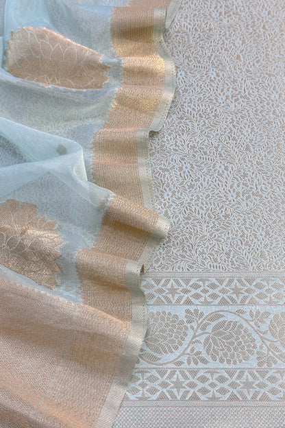 Sky Blue Designer Pure Brocade Silk Kurta And Organza Dupatta