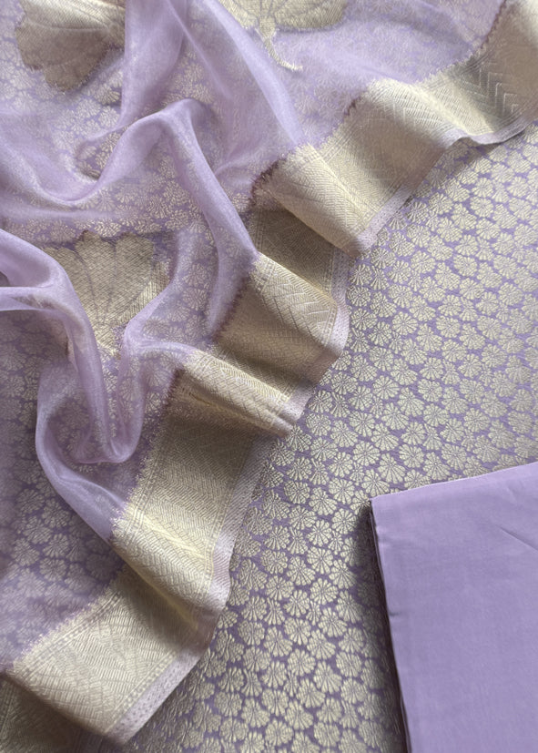 Purple Banarasi Silk Brocade Suit With Organza Dupatta