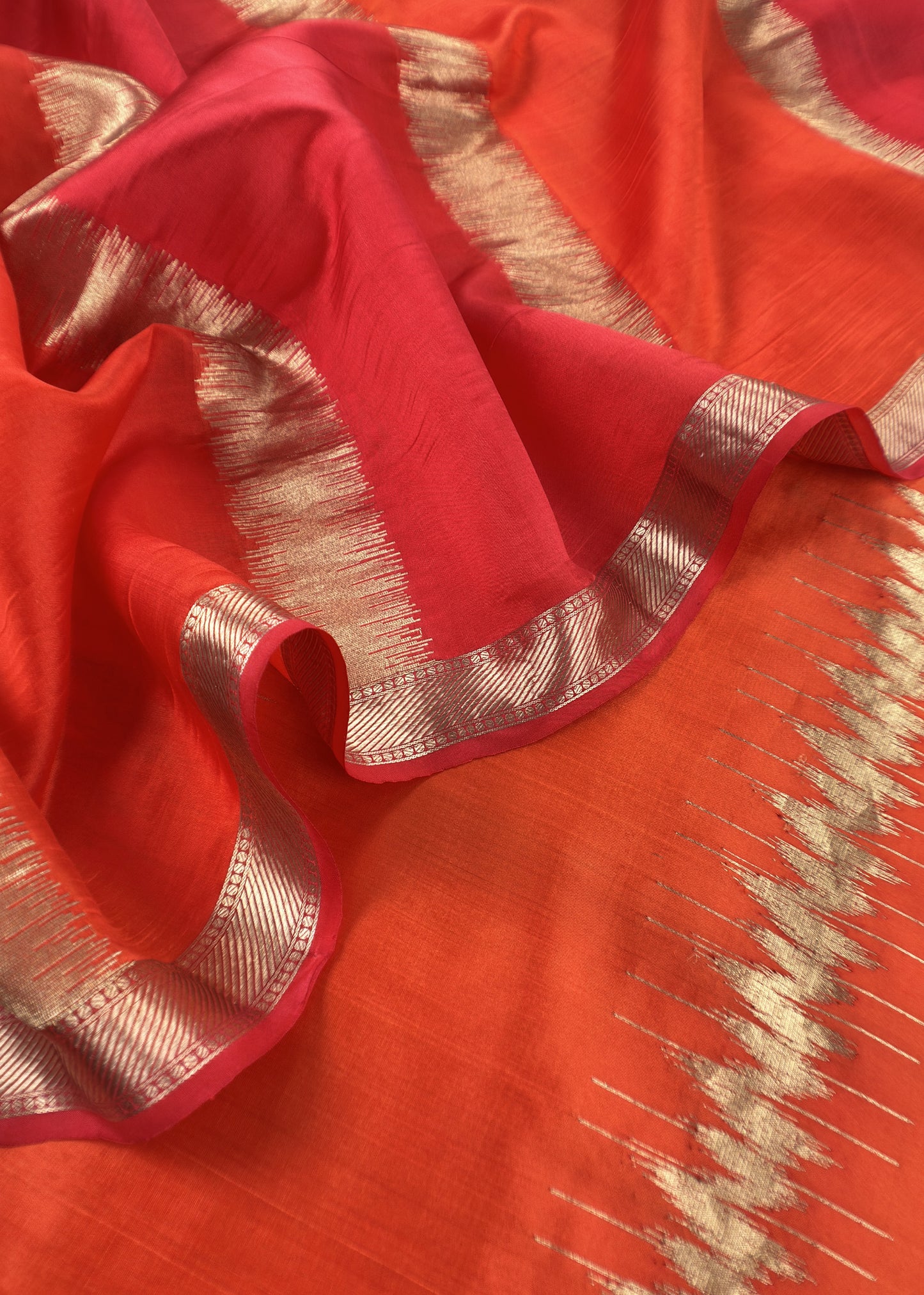 Orange Kalasheel Luxe Deep Orange Chiniya Silk With Gold Ikkat Weave