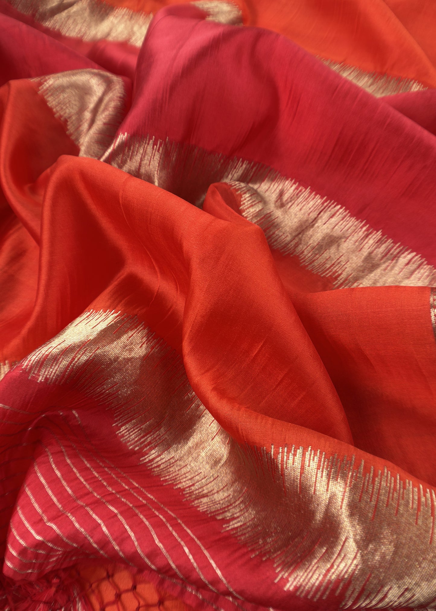 Orange Kalasheel Luxe Deep Orange Chiniya Silk With Gold Ikkat Weave