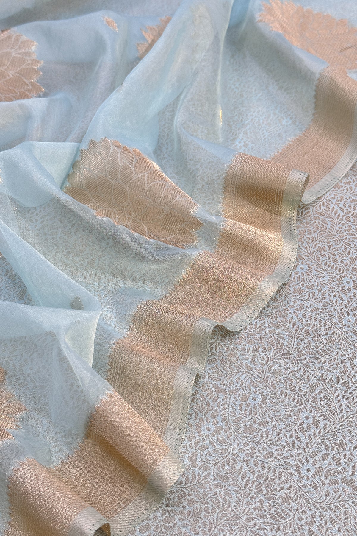 Sky Blue Designer Pure Brocade Silk Kurta And Organza Dupatta