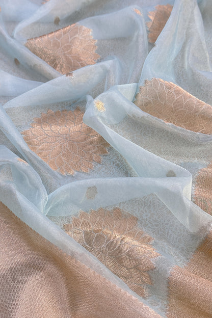 Sky Blue Designer Pure Brocade Silk Kurta And Organza Dupatta