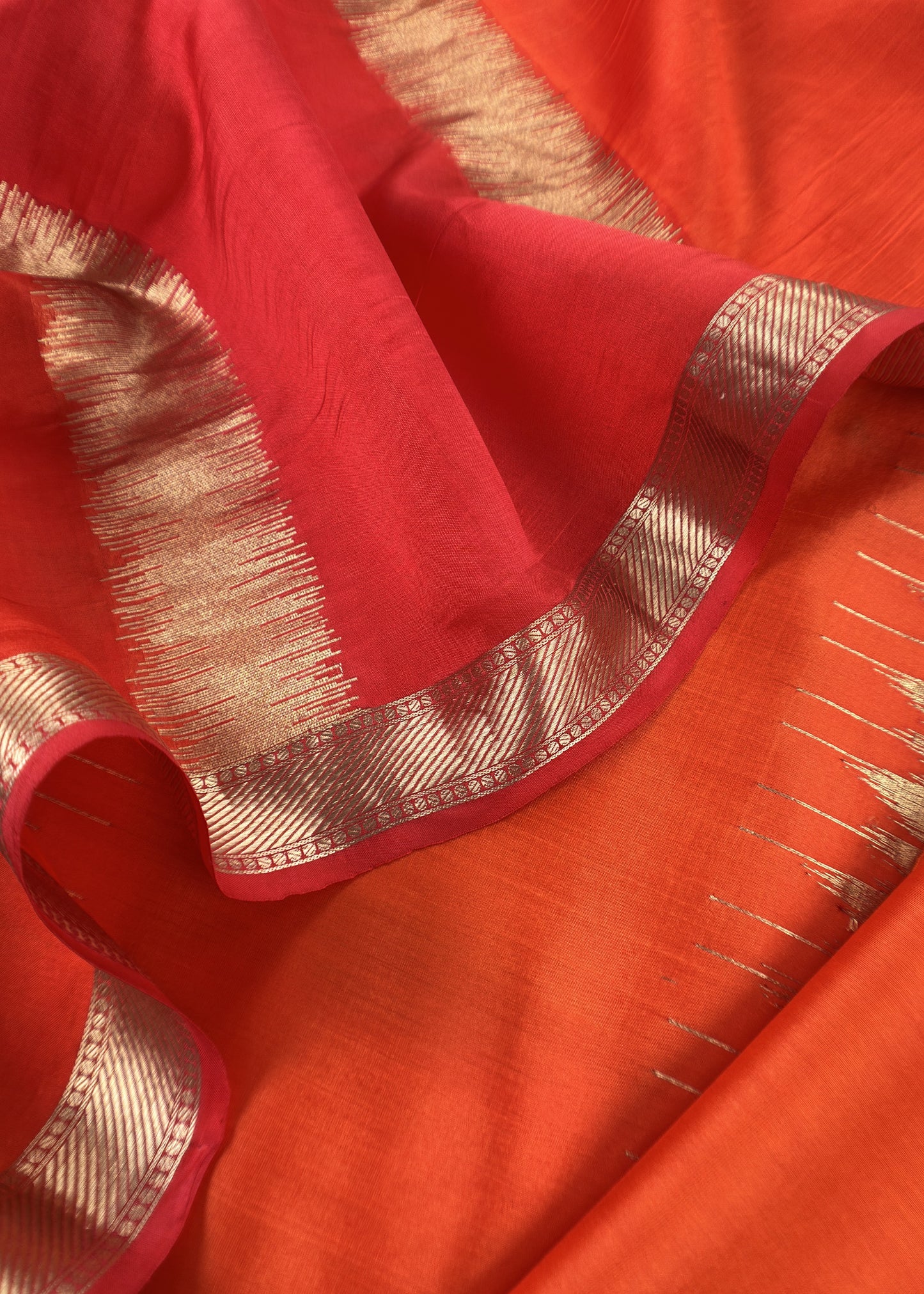 Orange Kalasheel Luxe Deep Orange Chiniya Silk With Gold Ikkat Weave