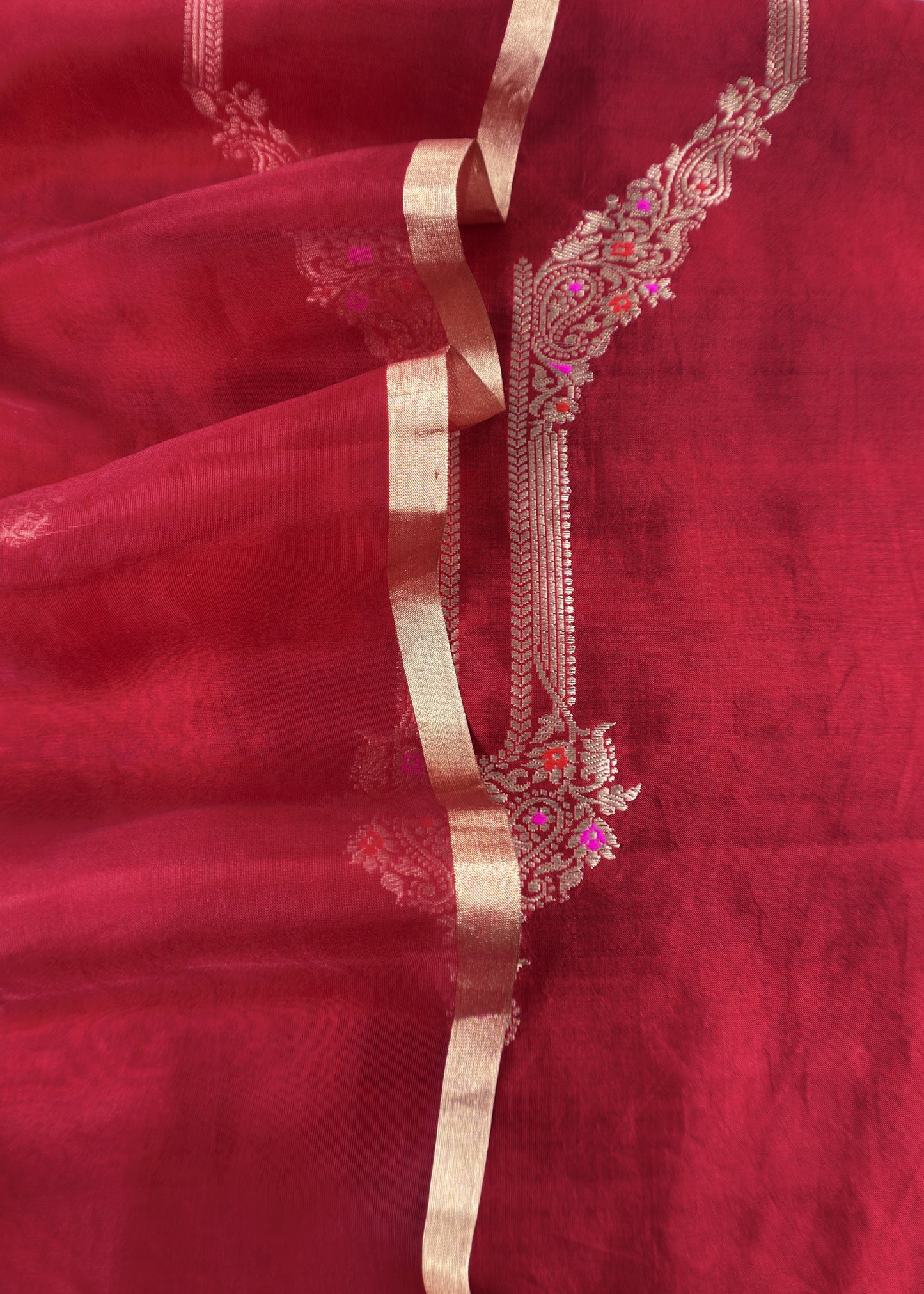 Crimson Red Handloom Silk Kurta and Kora Silk Dupatta with Kadwa weaving