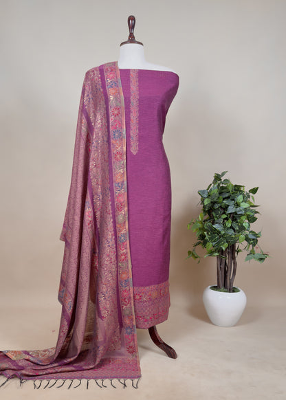 Maroon Kani Jamawar Silk Unstitched Suit