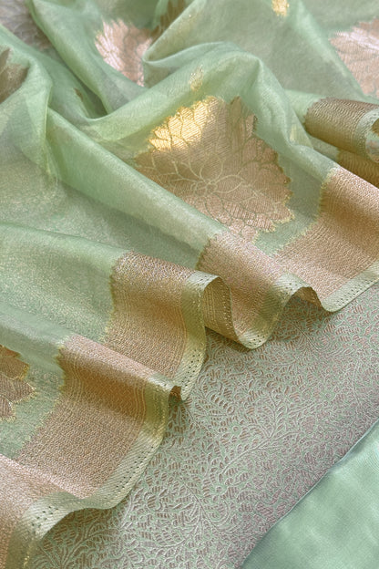 Mint Green Designer Pure Brocade Silk Kurta And Organza Dupatta