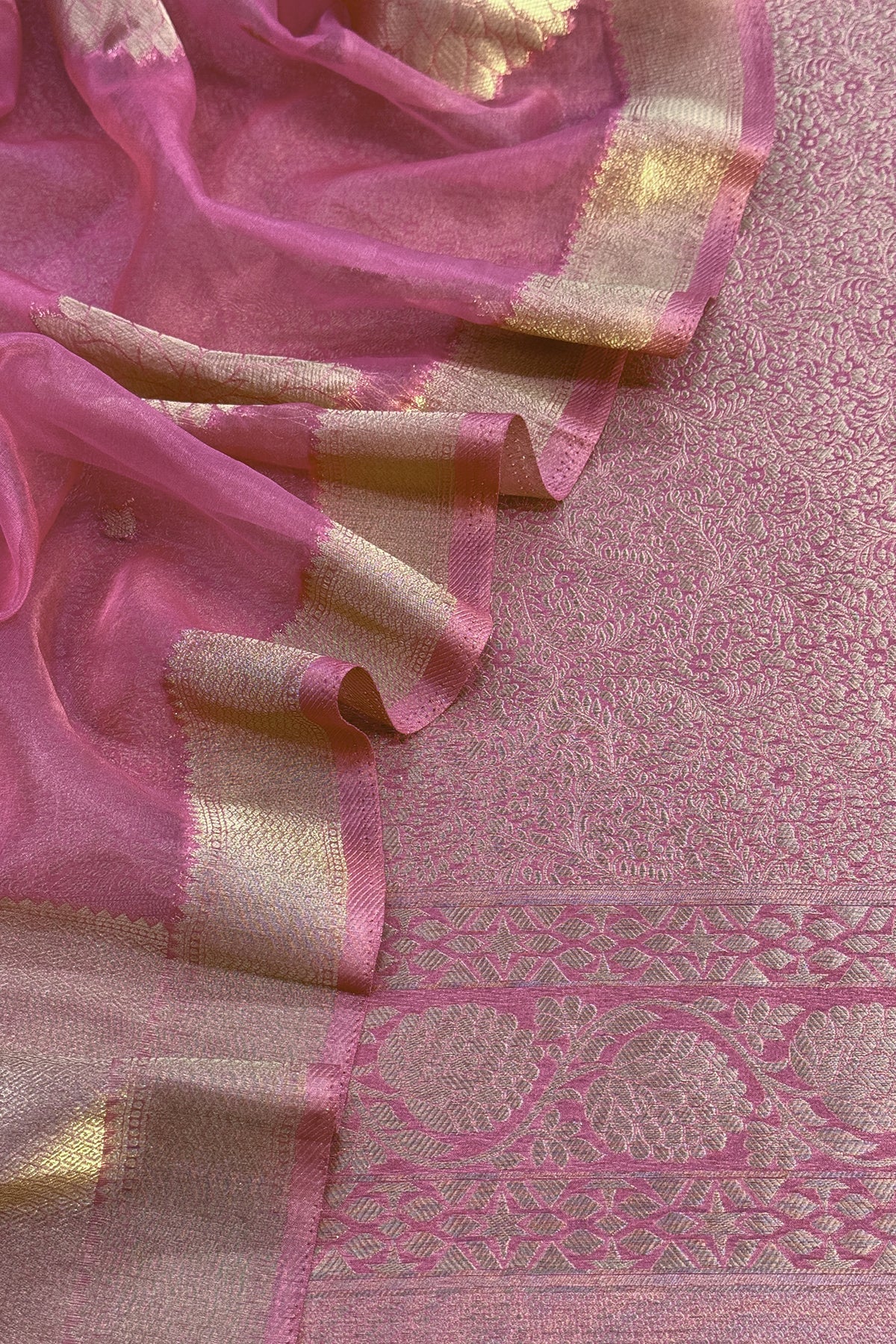 Pink Designer Pure Brocade Silk Kurta And Organza Dupatta