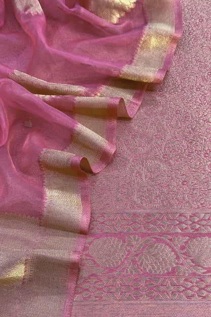 Pink Designer Pure Brocade Silk Kurta And Organza Dupatta