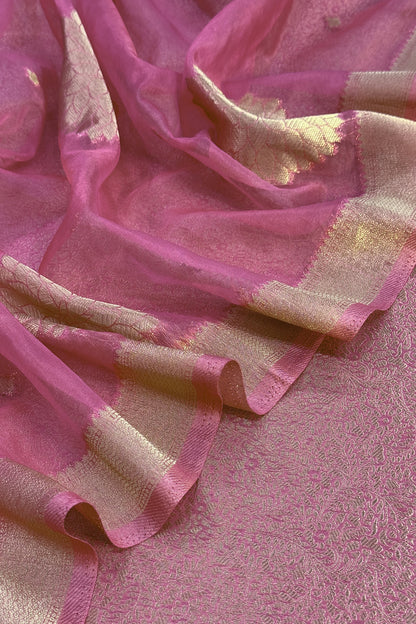 Pink Designer Pure Brocade Silk Kurta And Organza Dupatta