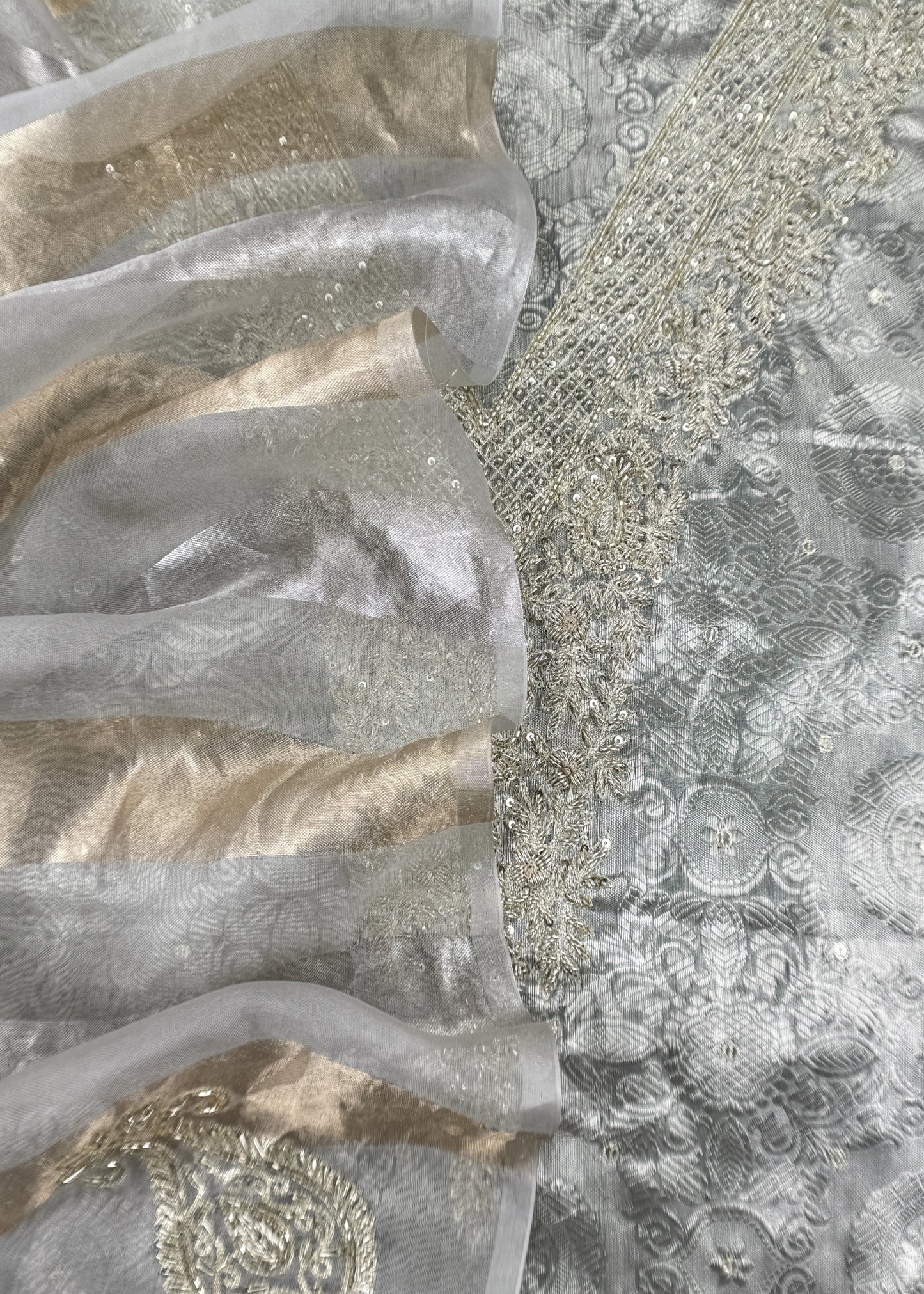 Light Grey Varanasi Brocade Silk Kurta And Double Panel Tissue Dupatta With Handwork