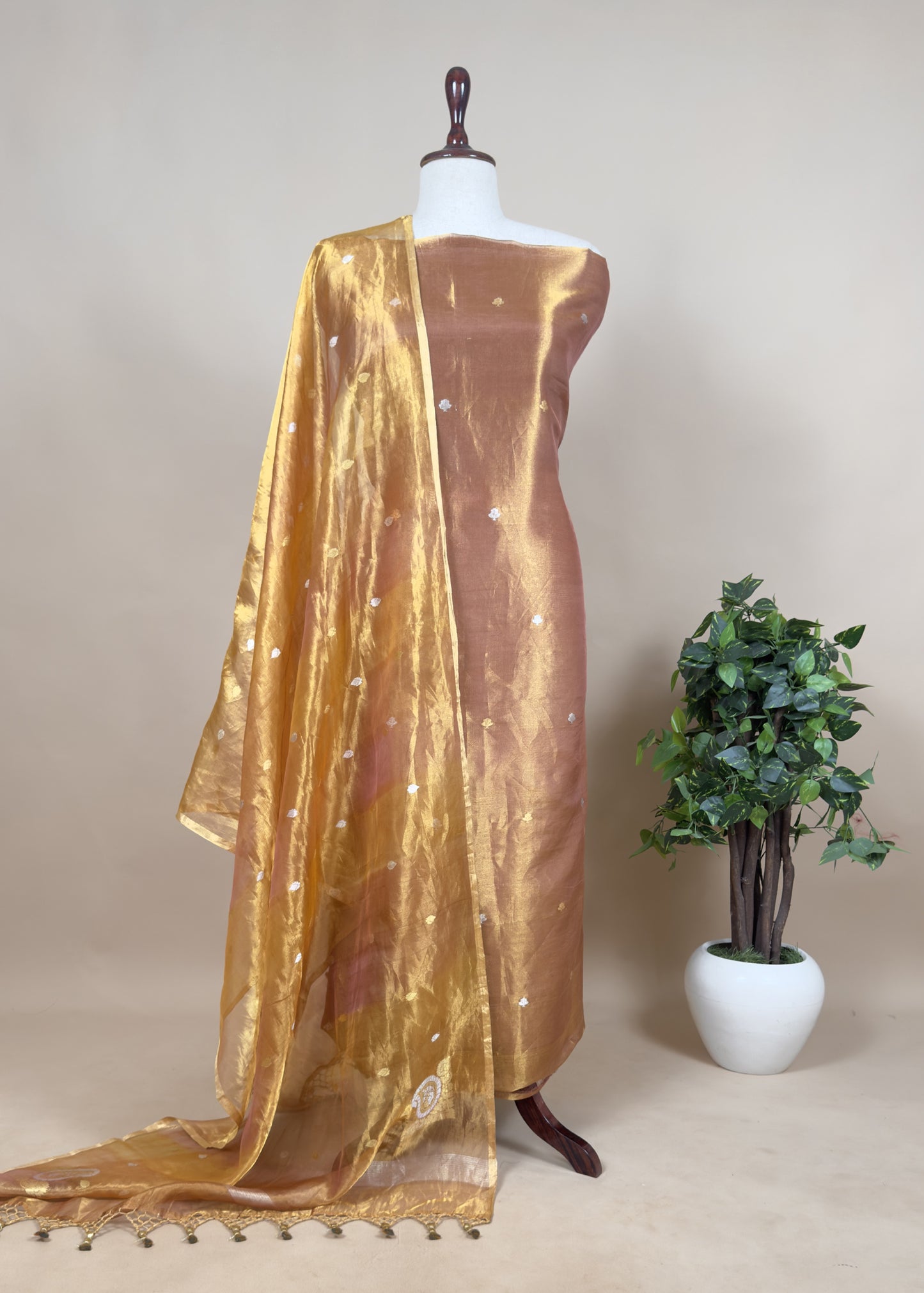 Fire Orange Handloom Tissue silk Suit With kadwa weaves