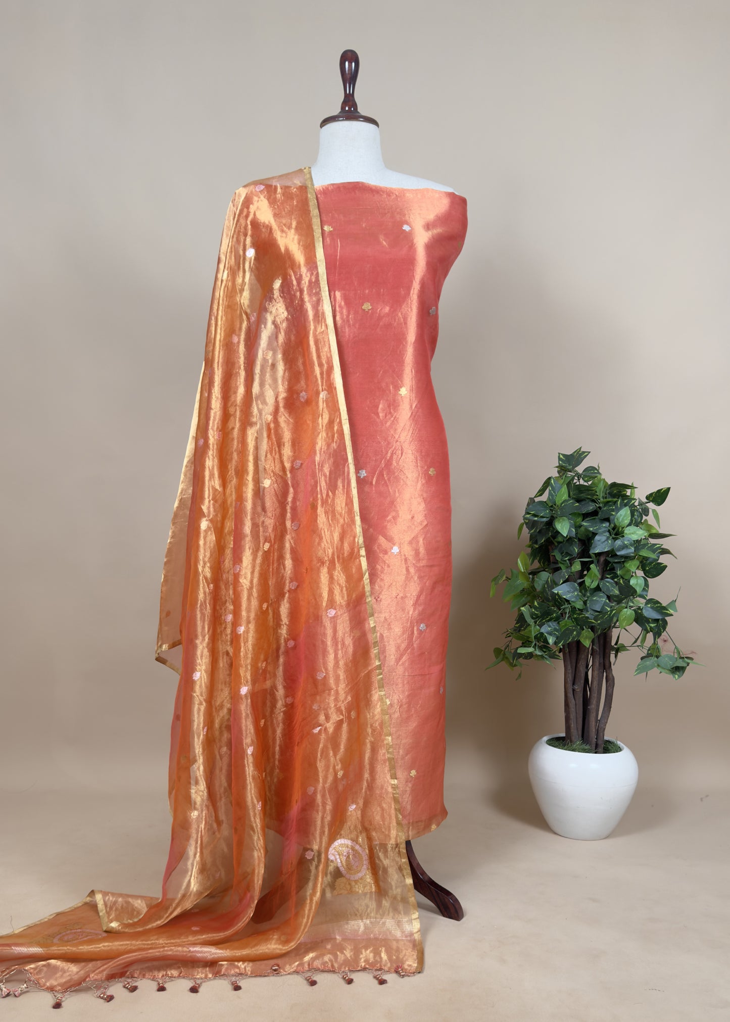 Fire Orange Handloom Tissue silk Suit With kadwa weaves