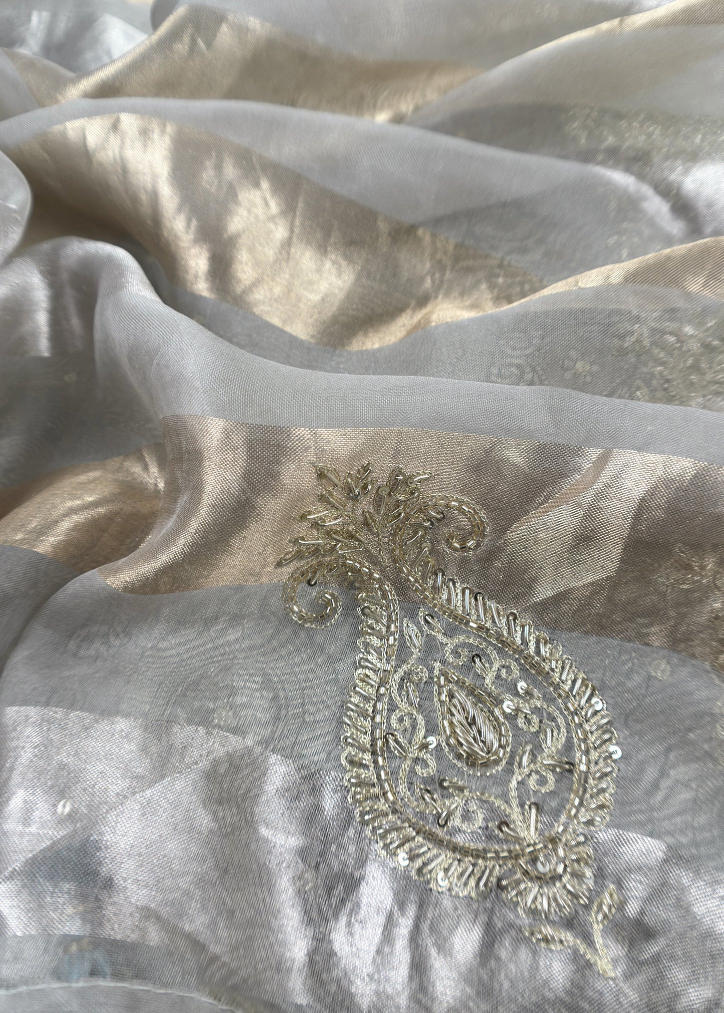 Light Grey Varanasi Brocade Silk Kurta And Double Panel Tissue Dupatta With Handwork