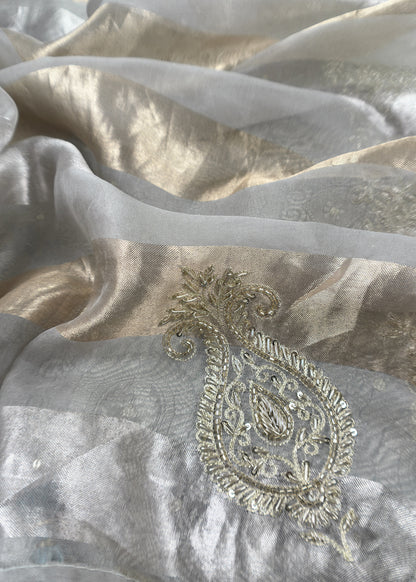Light Grey Varanasi Brocade Silk Kurta And Double Panel Tissue Dupatta With Handwork