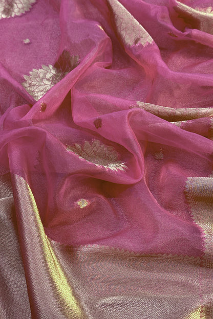 Pink Designer Pure Brocade Silk Kurta And Organza Dupatta
