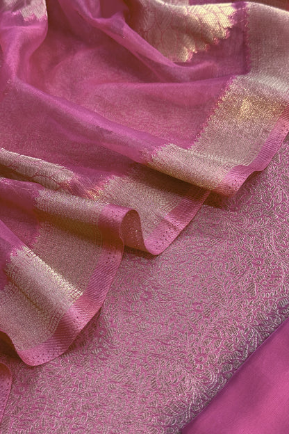 Pink Designer Pure Brocade Silk Kurta And Organza Dupatta