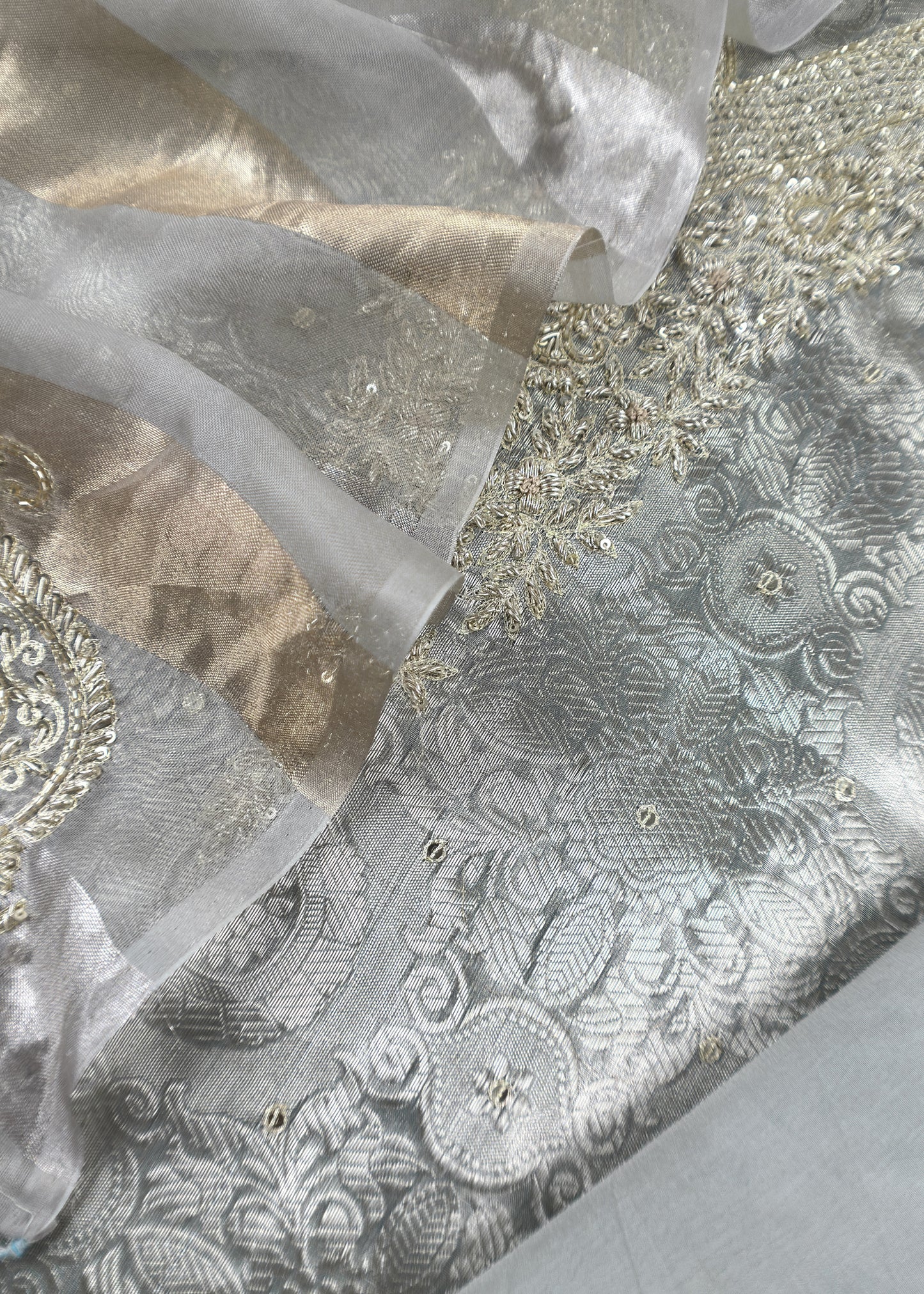 Light Grey Varanasi Brocade Silk Kurta And Double Panel Tissue Dupatta With Handwork