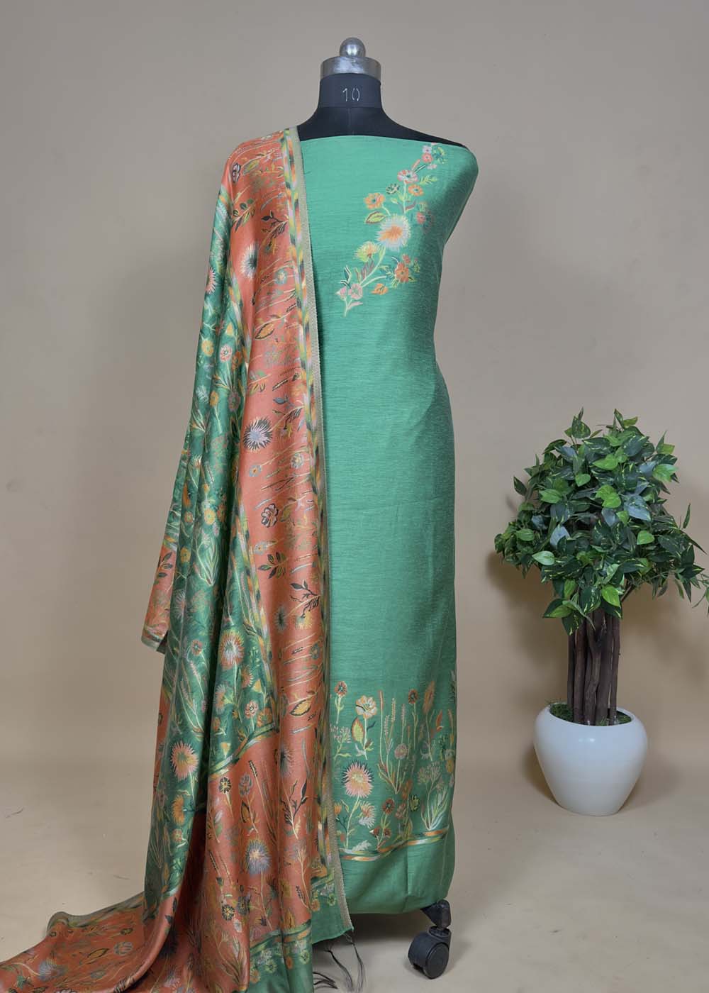 Green Handwoven Kani Zari Suit With Orange Contrast Dupatta