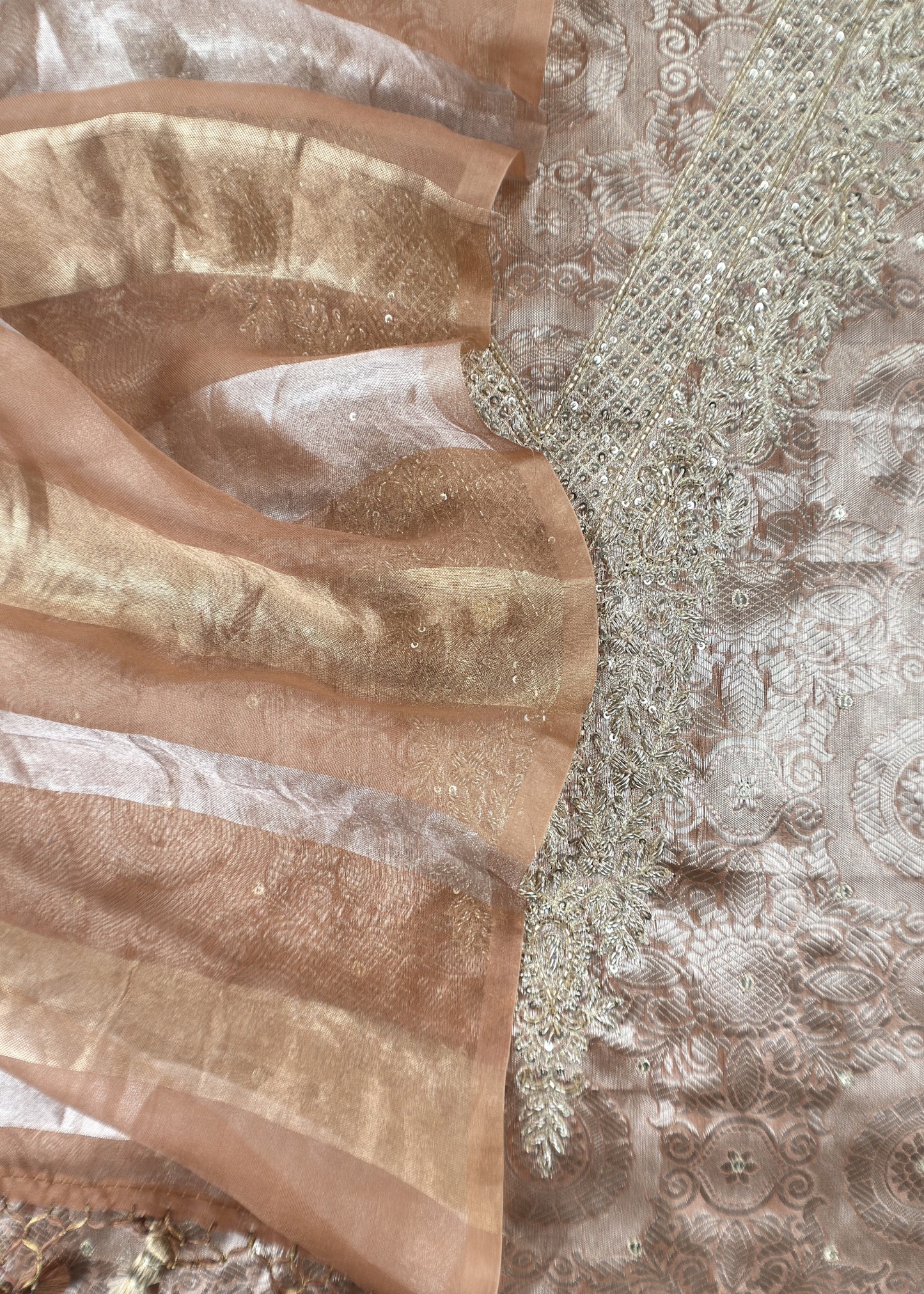 Peach Varanasi Brocade Silk Kurta And Double Panel Tissue Dupatta With Handwork