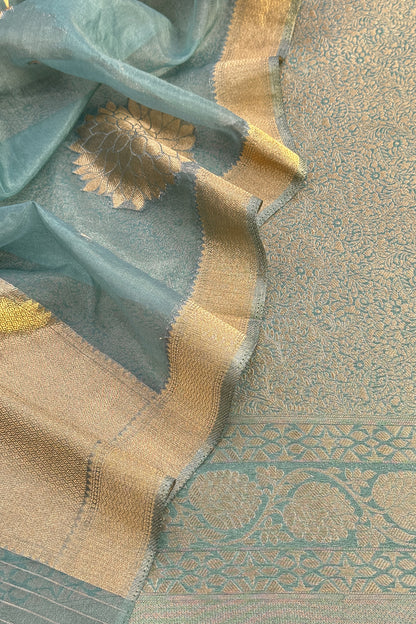 Sage Green Designer Pure Brocade Silk Kurta And Organza Dupatta