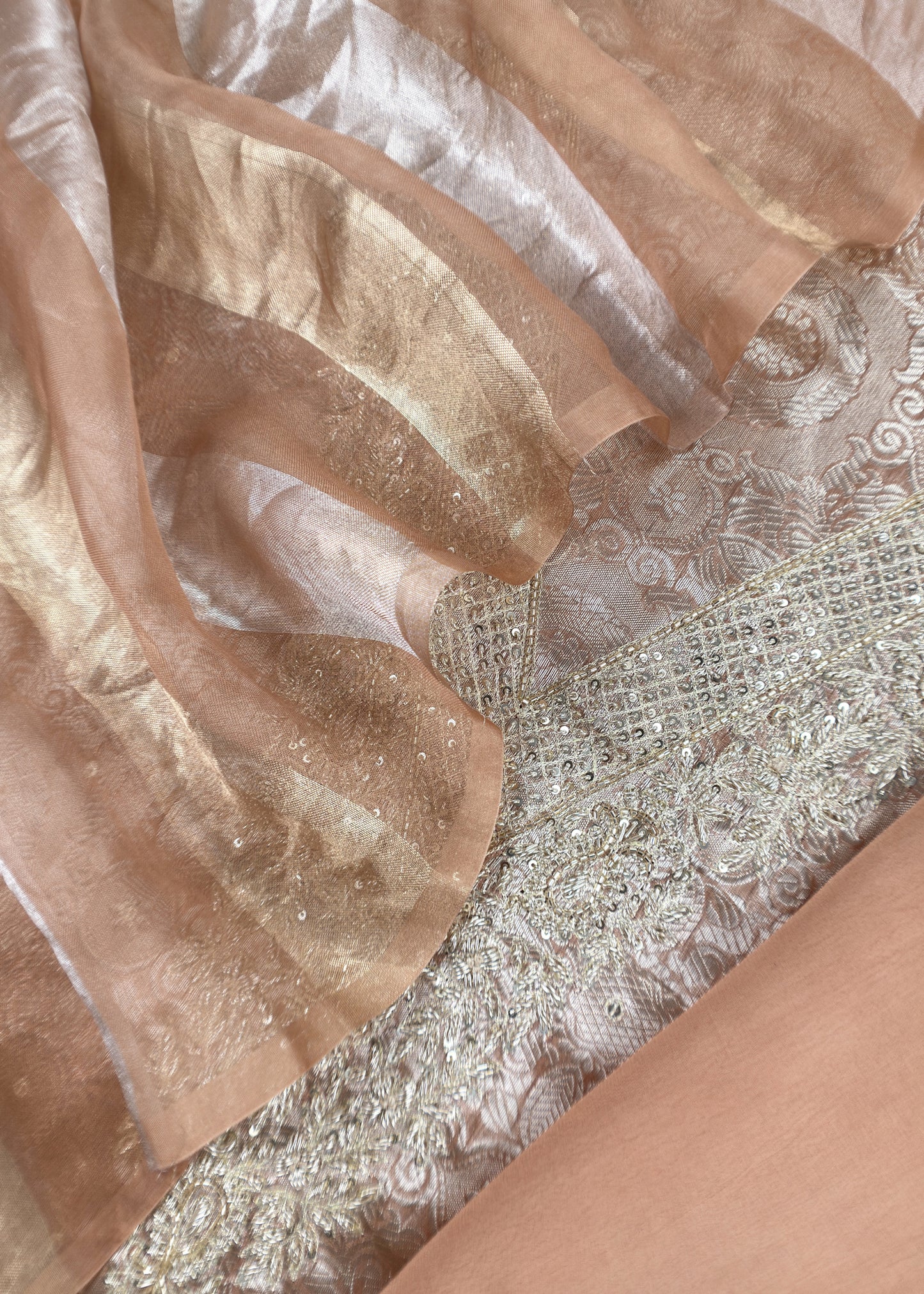 Peach Varanasi Brocade Silk Kurta And Double Panel Tissue Dupatta With Handwork